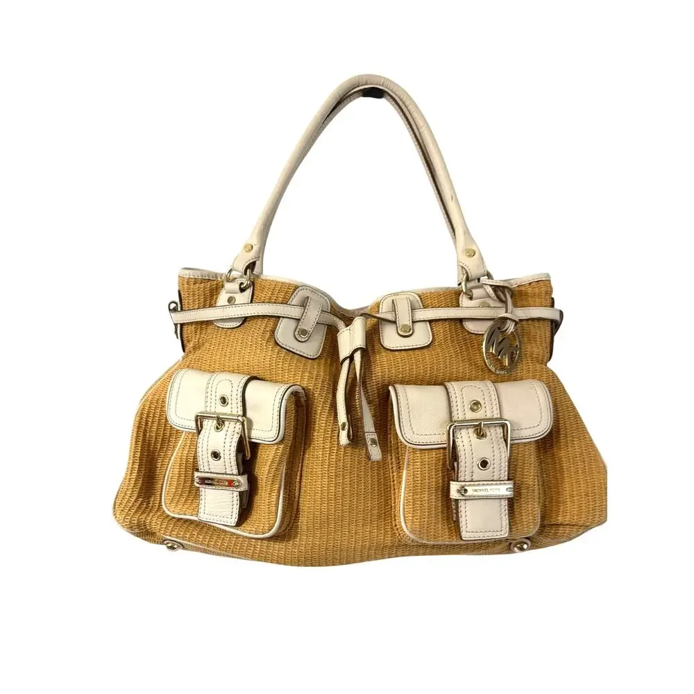 Michael Kors Straw Woven White Leather Shoulder Bag Gold Multiple Pockets - Picture 1 of 11